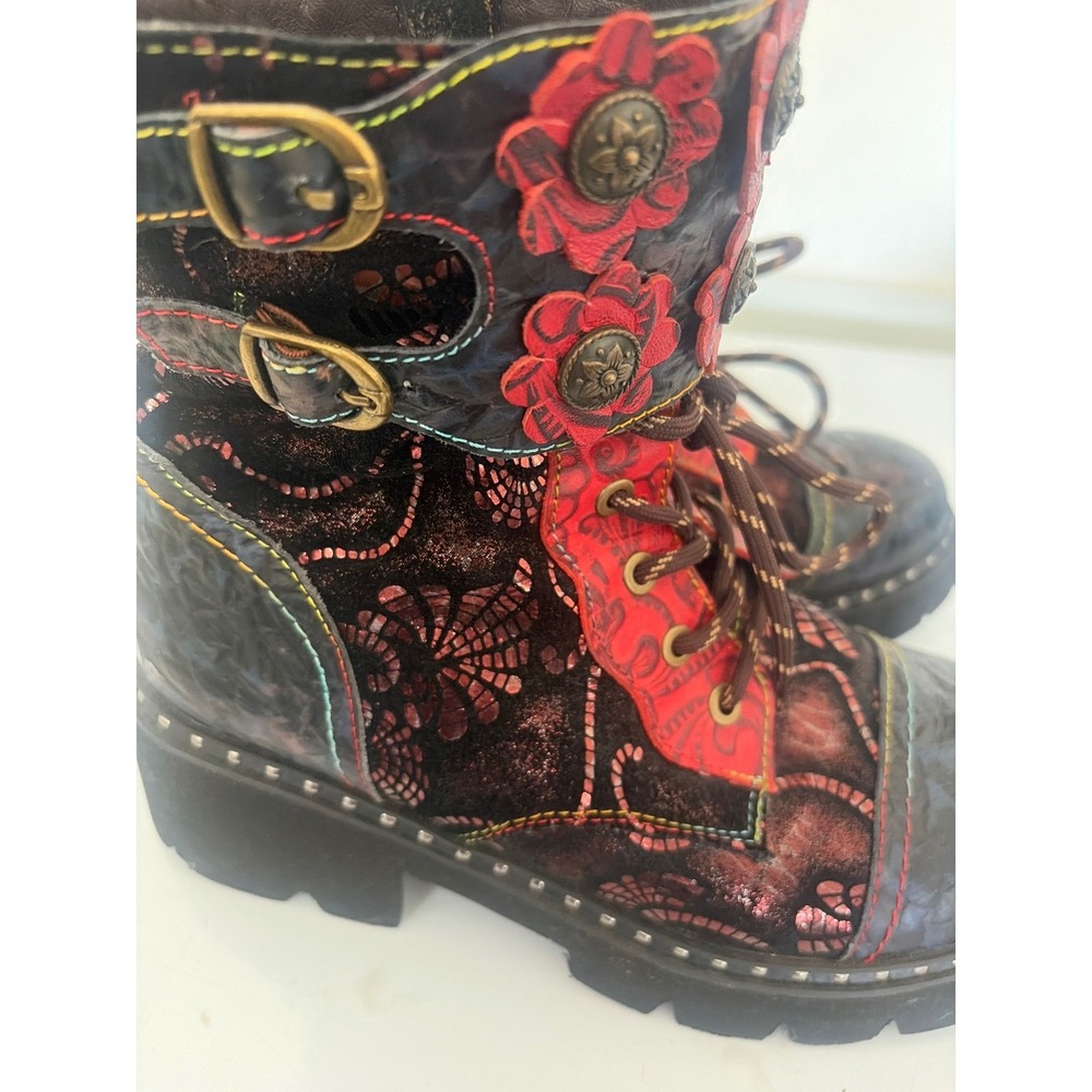 Bohemian L'Artiste Spring Women Floral Lace Combat Boots Black Platform Size 40
